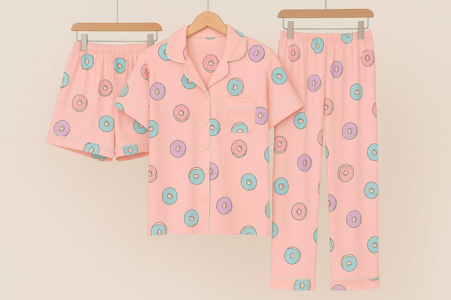 Pijama Americano 2x1 de Rosquinhas toque de seda – Camiseta + Calça + Shortinho