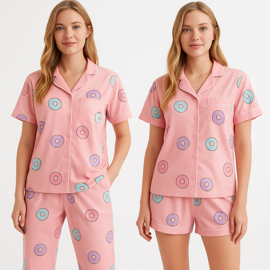 Pijama Americano 2x1 de Rosquinhas toque de seda – Camiseta + Calça + Shortinho