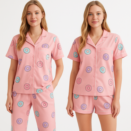 Pijama Americano 2x1 de Rosquinhas toque de seda – Camiseta + Calça + Shortinho
