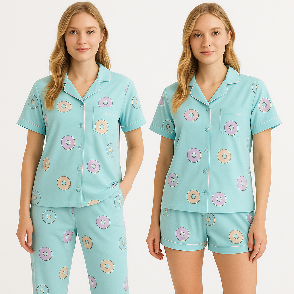 Pijama Americano 2x1 de Rosquinhas toque de seda – Camiseta + Calça + Shortinho