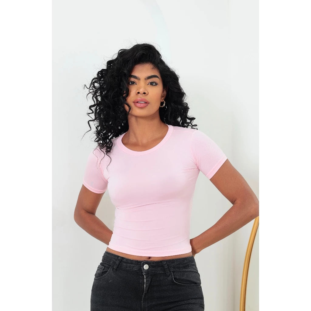 KIT 3 Baby Tee Slim Fit Manga Curta com Compressao