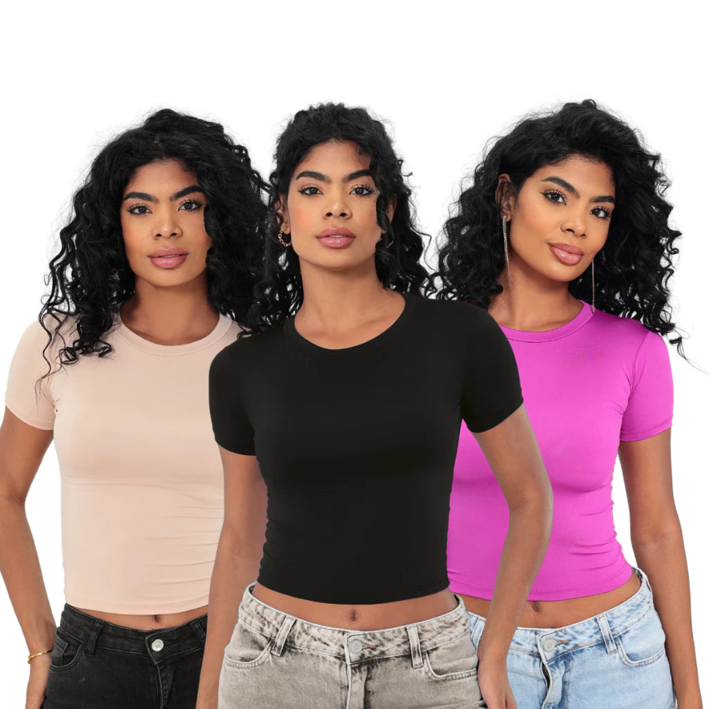 KIT 3 Baby Tee Slim Fit Manga Curta com Compressao