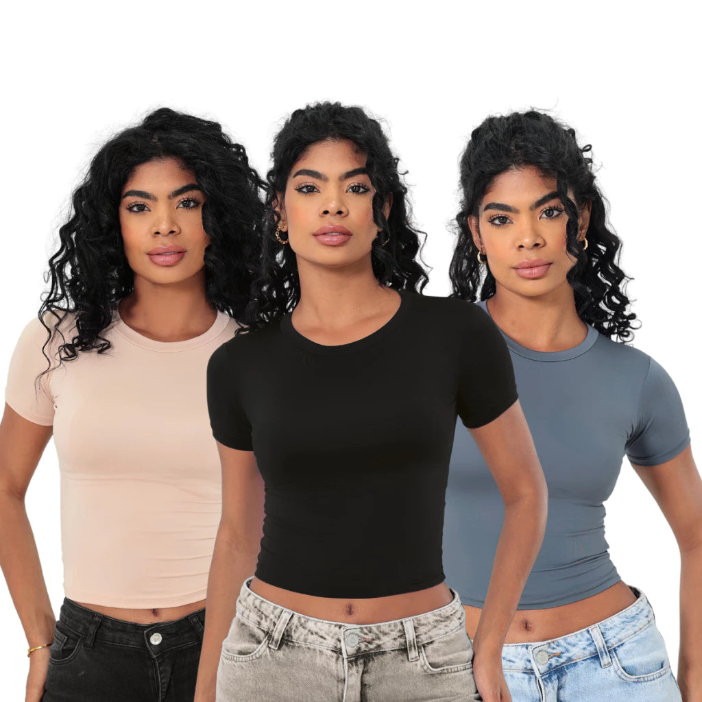 KIT 3 Baby Tee Slim Fit Manga Curta com Compressao