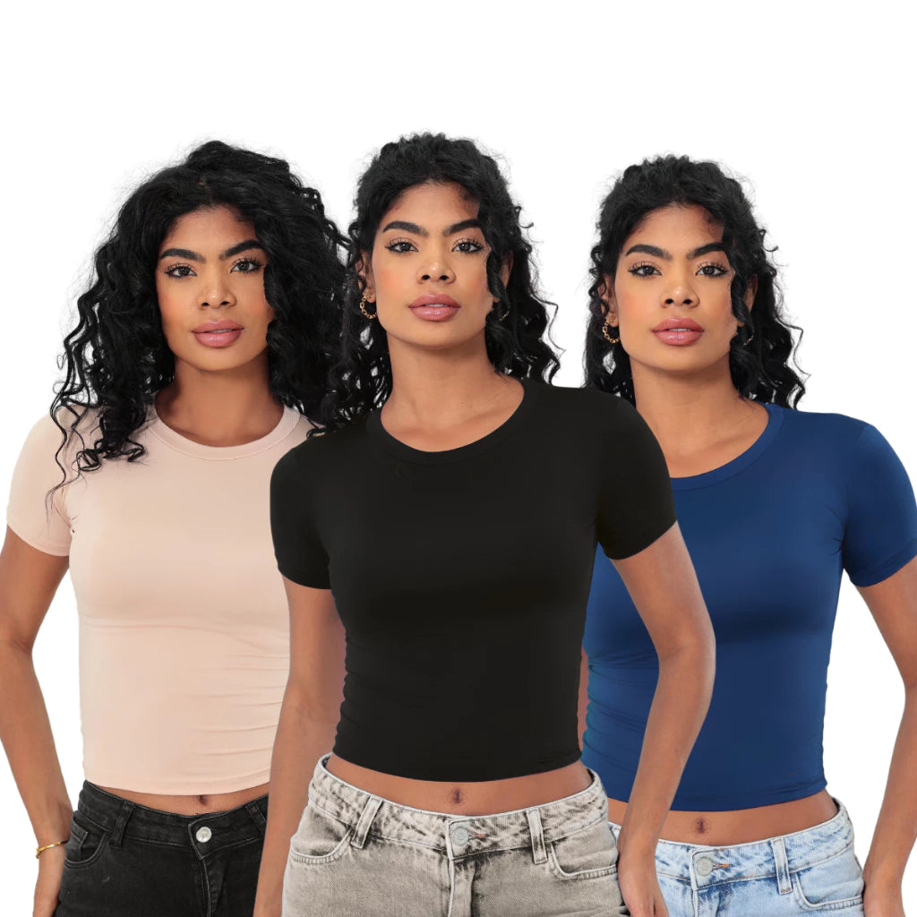 KIT 3 Baby Tee Slim Fit Manga Curta com Compressao