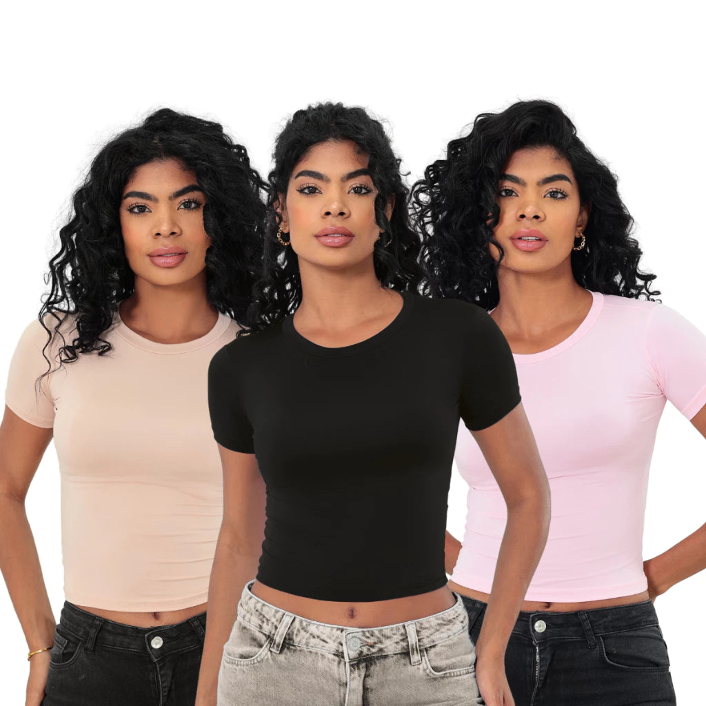 KIT 3 Baby Tee Slim Fit Manga Curta com Compressao