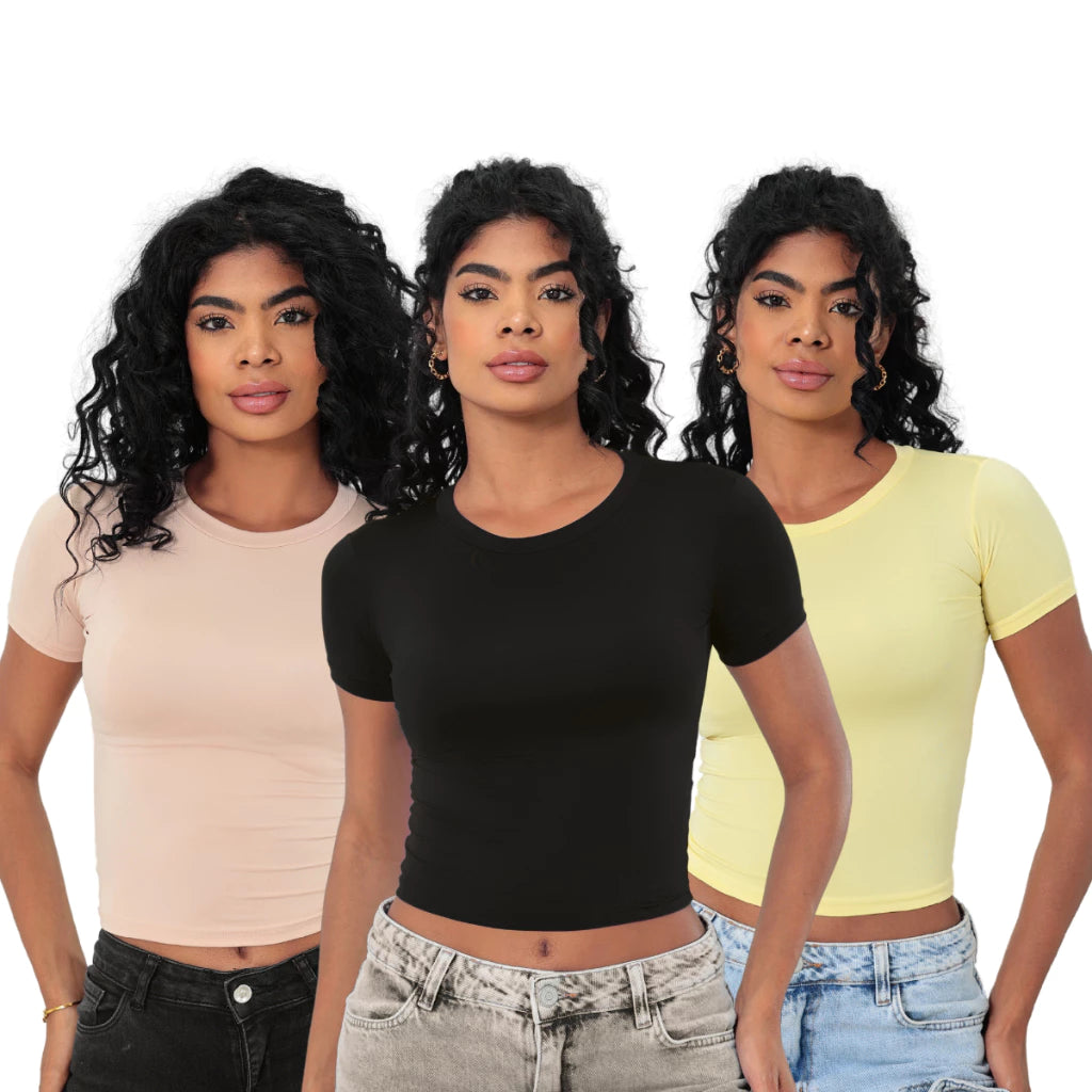 KIT 3 Baby Tee Slim Fit Manga Curta com Compressao