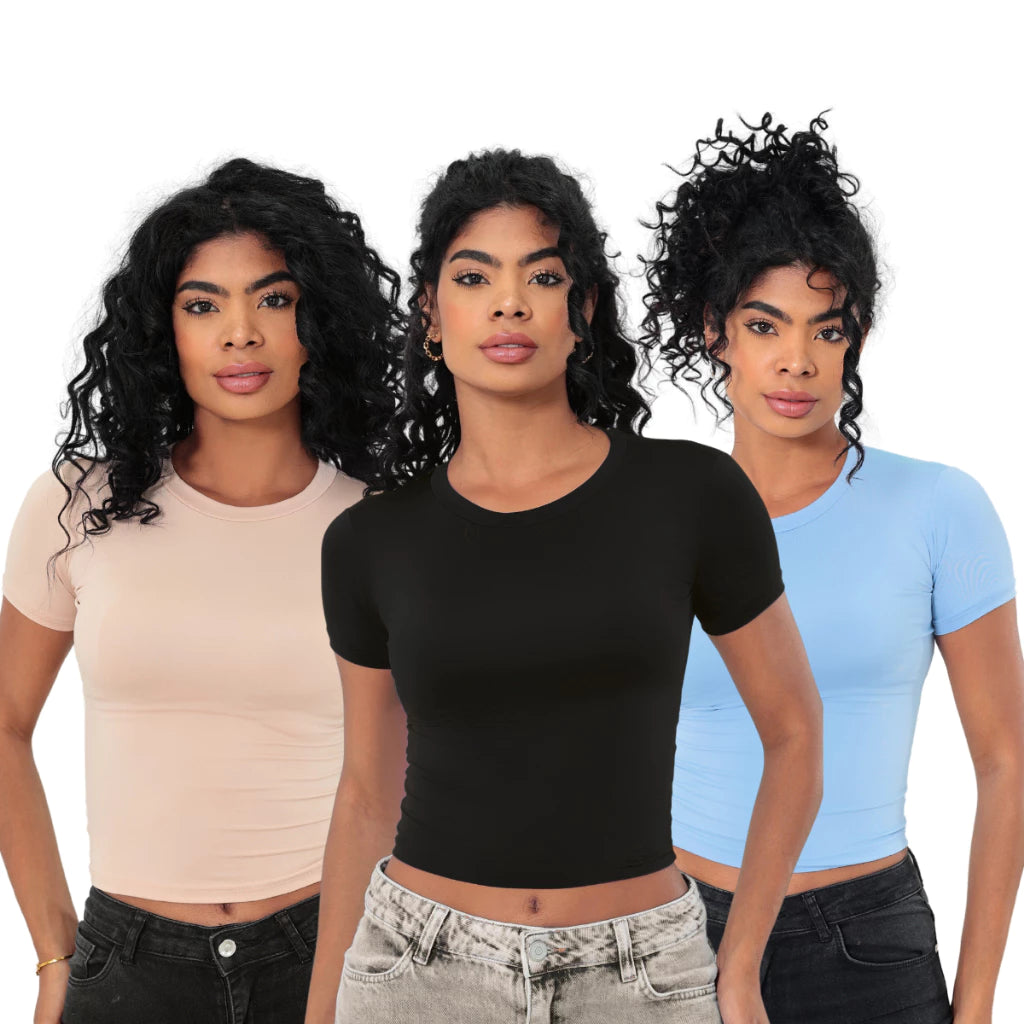 KIT 3 Baby Tee Slim Fit Manga Curta com Compressao