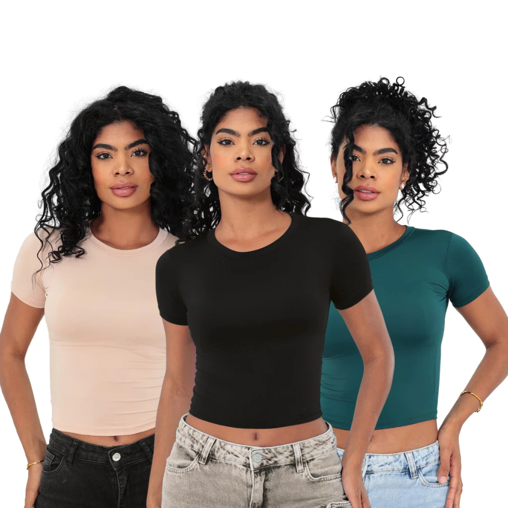 KIT 3 Baby Tee Slim Fit Manga Curta com Compressao