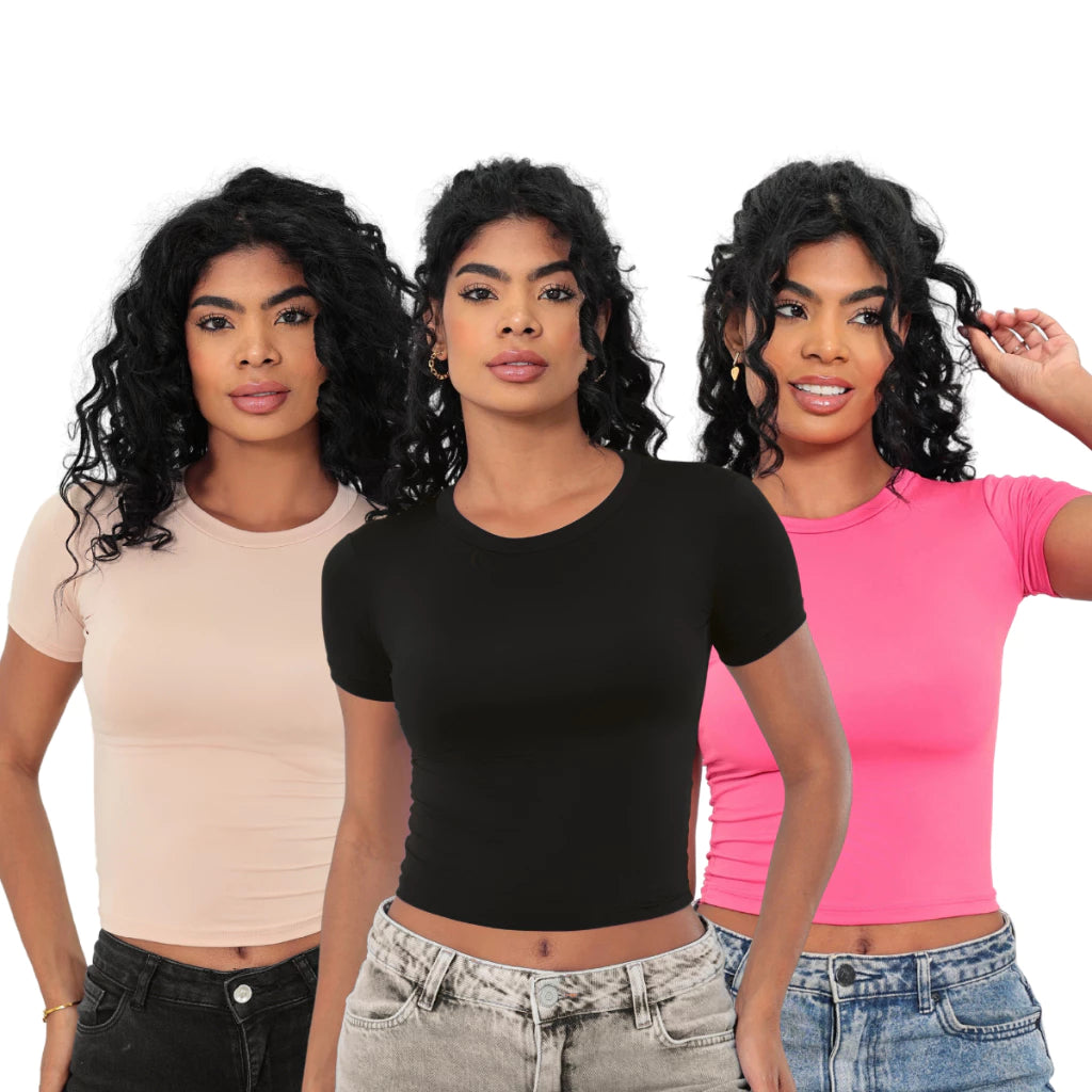 KIT 3 Baby Tee Slim Fit Manga Curta com Compressao