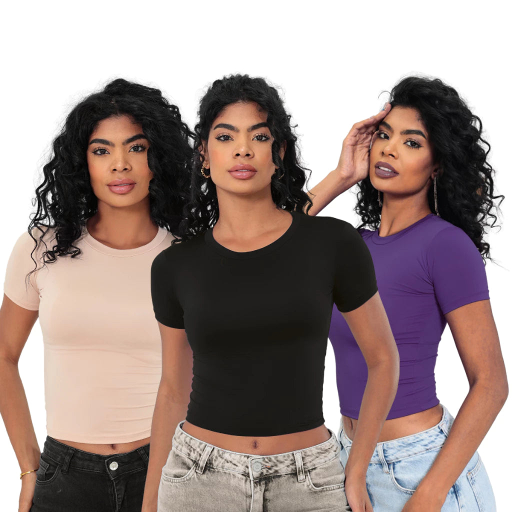 KIT 3 Baby Tee Slim Fit Manga Curta com Compressao