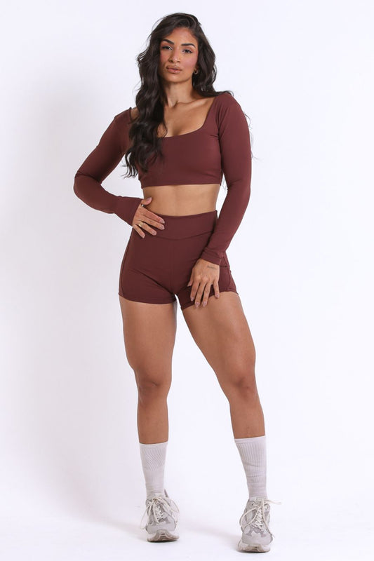 Conjunto Short Cropped Manga Comprida Marrom